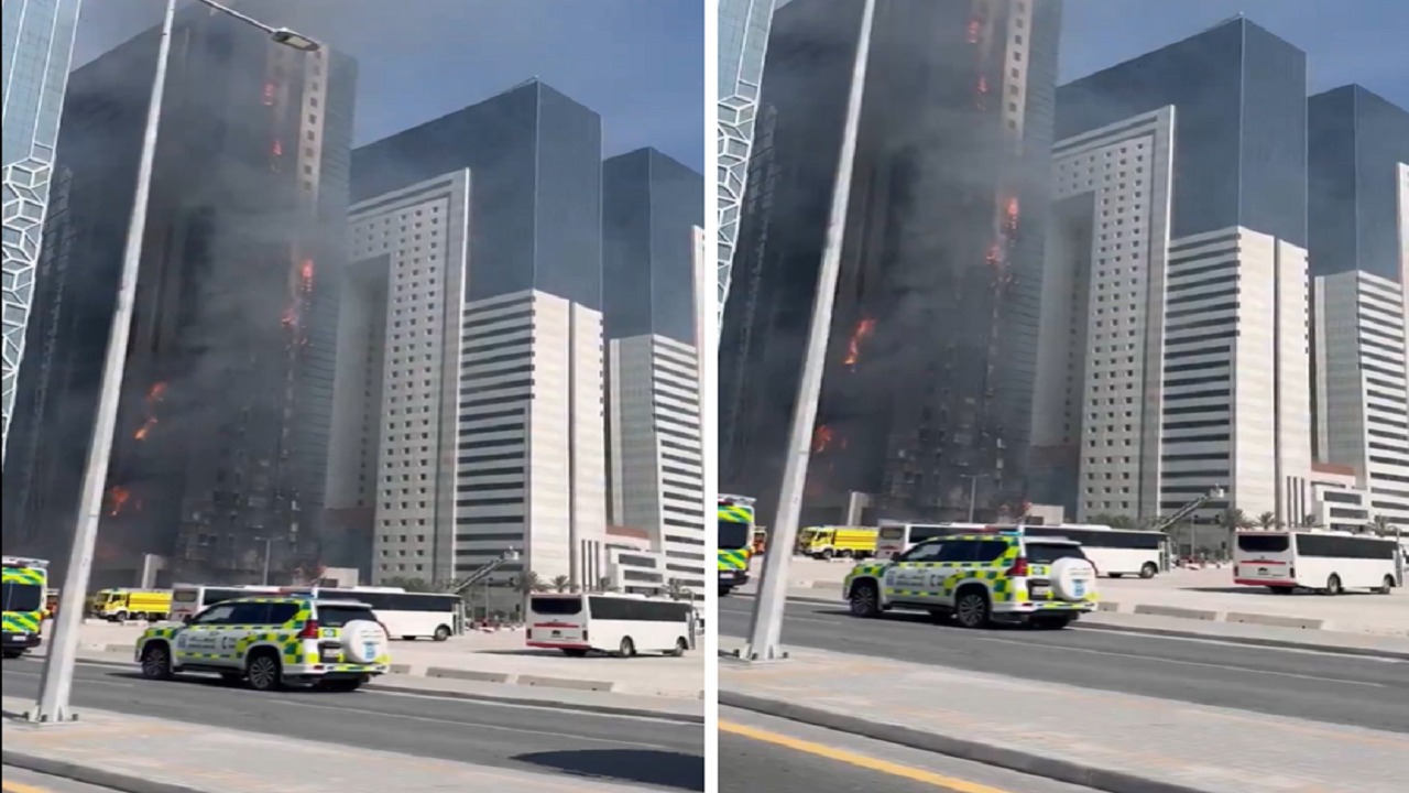 حريق هائل بواجهة برج في قطر.. فيديو
