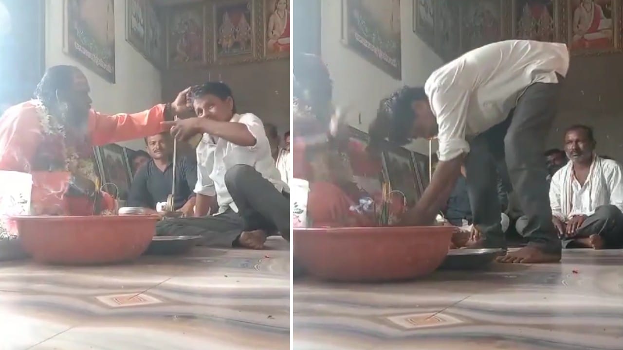 رجل دين هندوسي يعالج شاب مدمن الكحوليات بطريقة غريبة.. فيديو