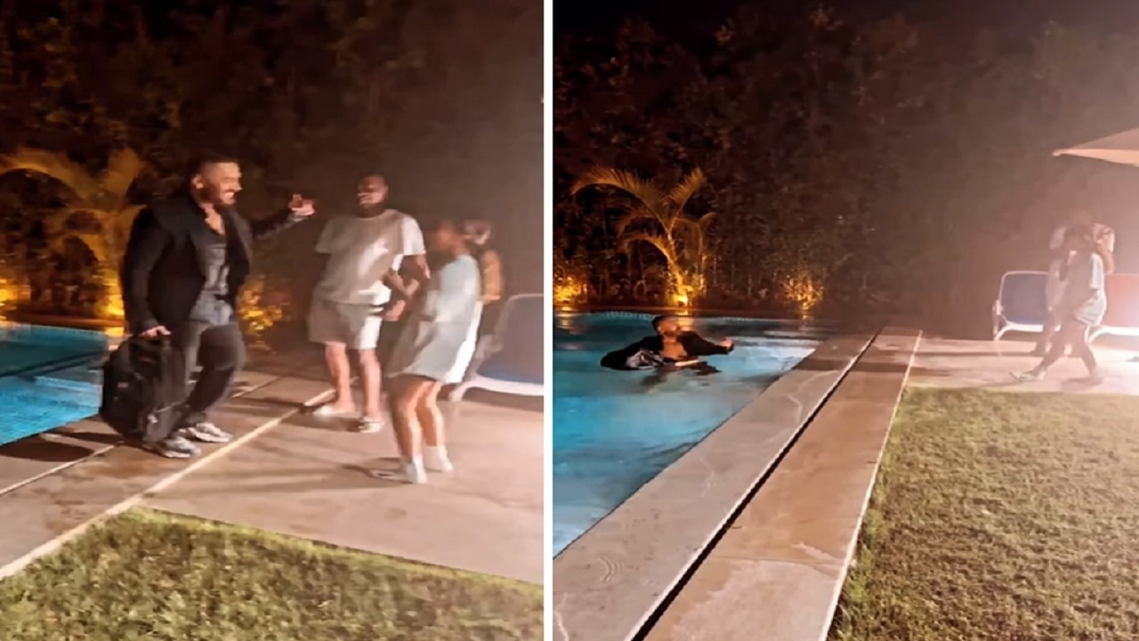 ابنة تامر حسني تفاجئه وتدفعه بقوة في حمام سباحة .. فيديو