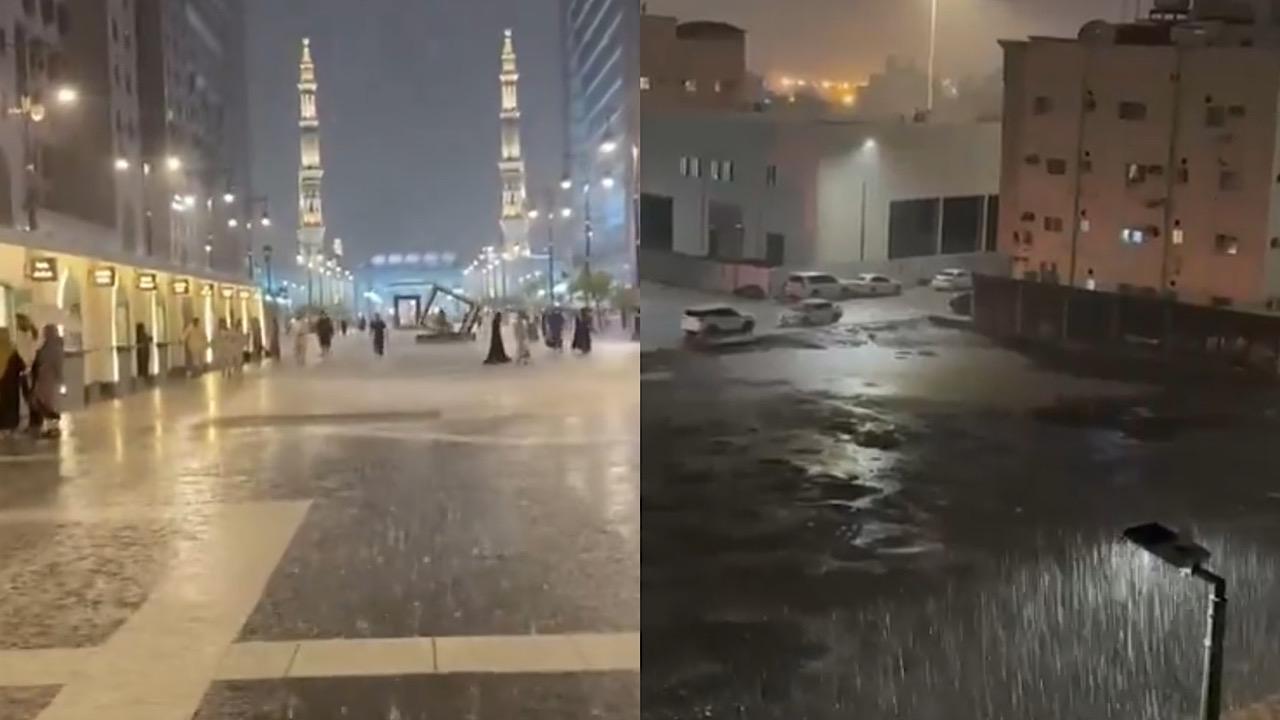 أمطار الخير تعم المدينة المنورة والمسجد النبوي الشريف وسط روحانيات رائعة .. فيديو