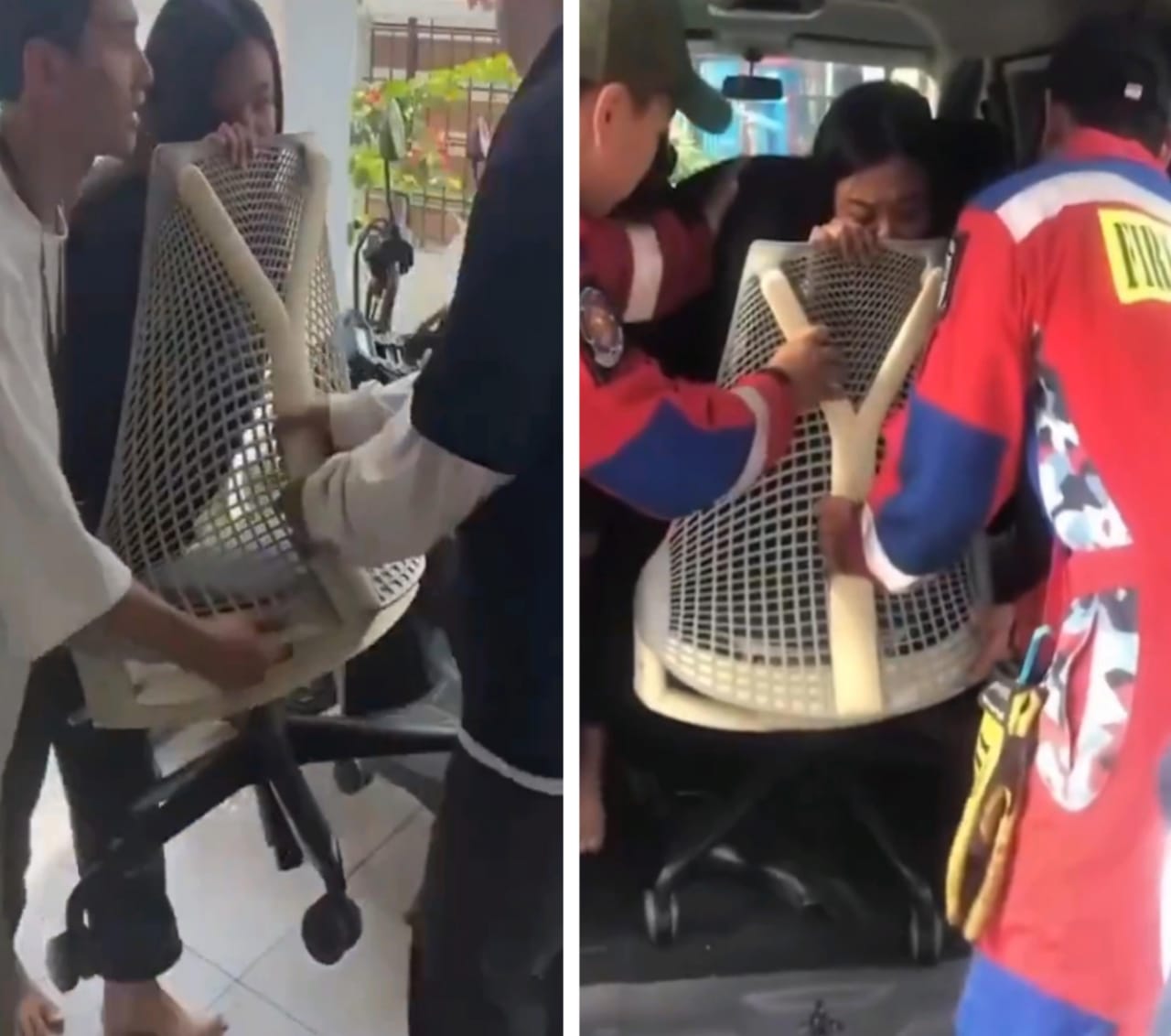 موظفة تعلق أنفها في كرسي مكتبها والطوارئ تتدخل في مشهد غريب .. فيديو