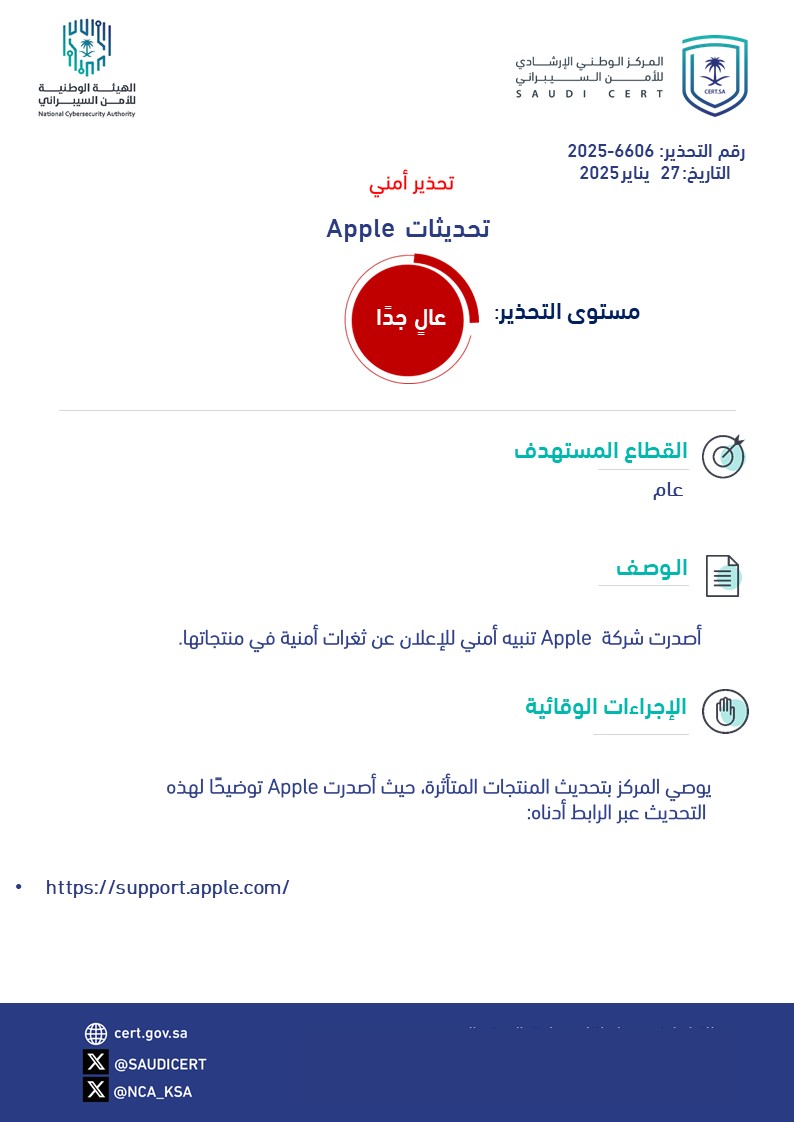 الأمن السيبراني: ثغرات أمنية خطيرة في منتجات Apple تستدعي التحديث الفوري