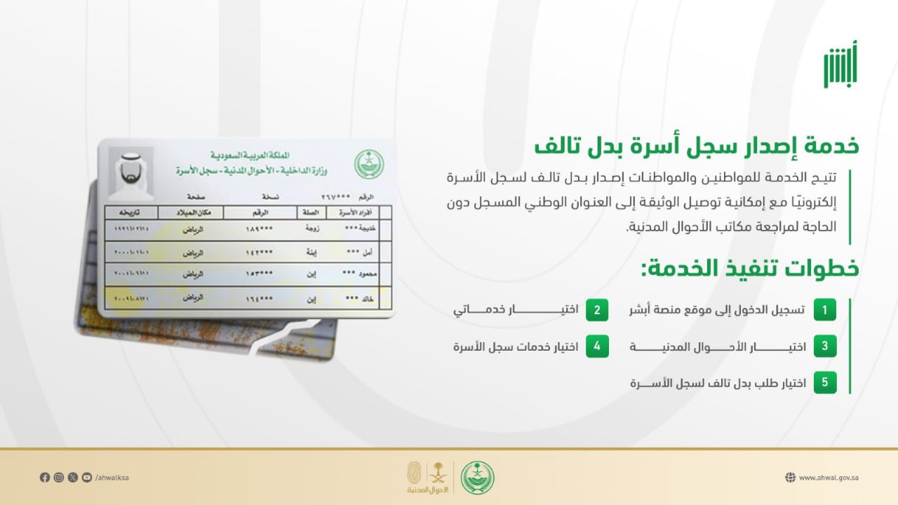 الأحوال المدنية تتيح إصدار سجل الأسرة البديل إلكترونيا