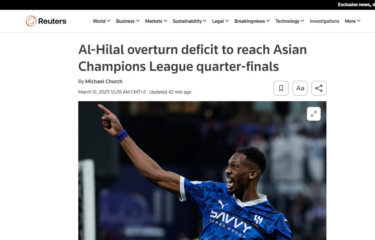 الصحف العالمية تتغنى باسم الهلال: الزعيم يعذب باختاكور.. صور