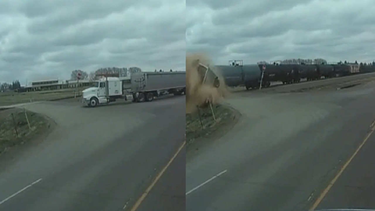 لحظة اصطدام مرعبة بين قطار شحن ومركبة .. فيديو
