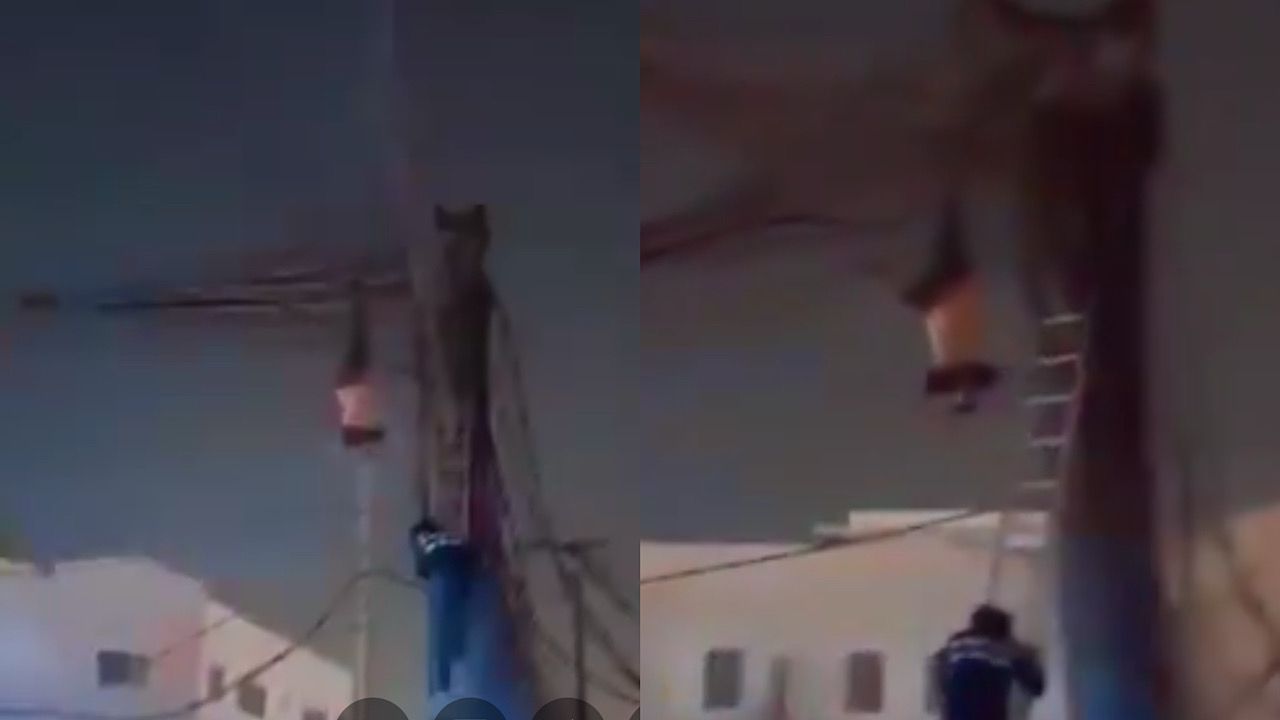عامل كهرباء يتعرض لـ صعقة قاتلة ويعلق بين الأسلاك .. فيديو