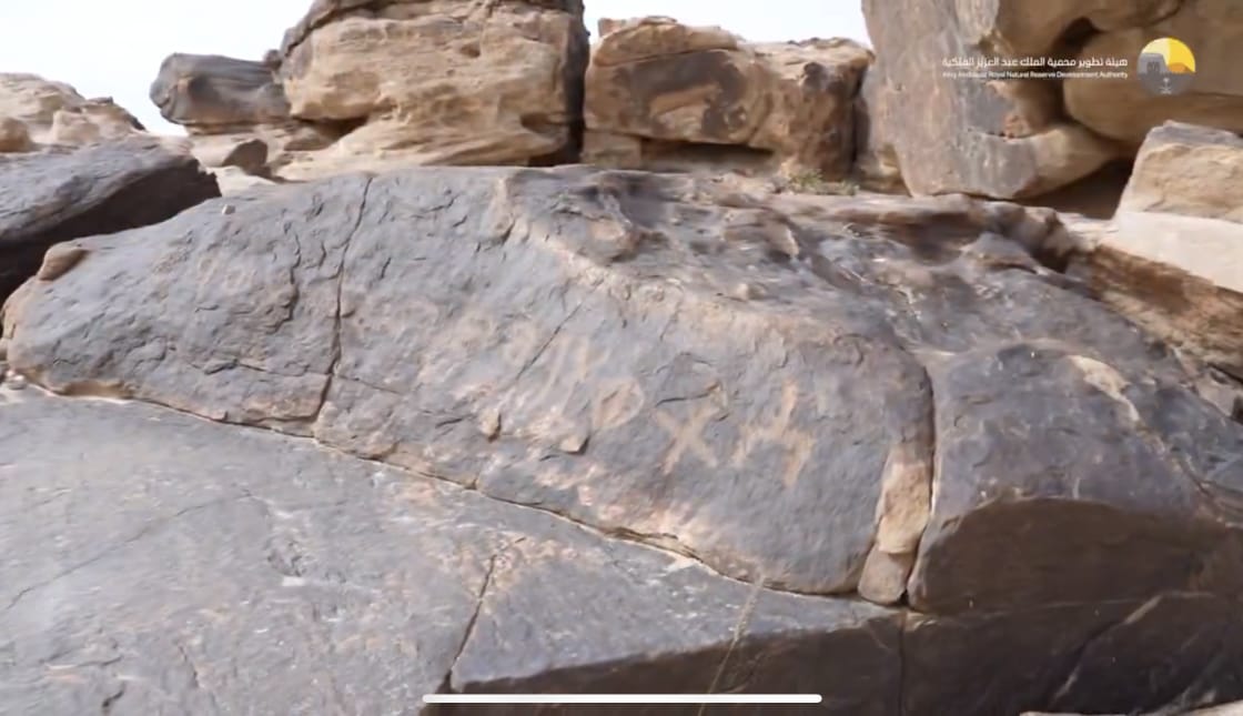 تفاصيل نقش أثري نادر يعود لما قبل الميلاد في محمية الملك عبدالعزيز .. فيديو
