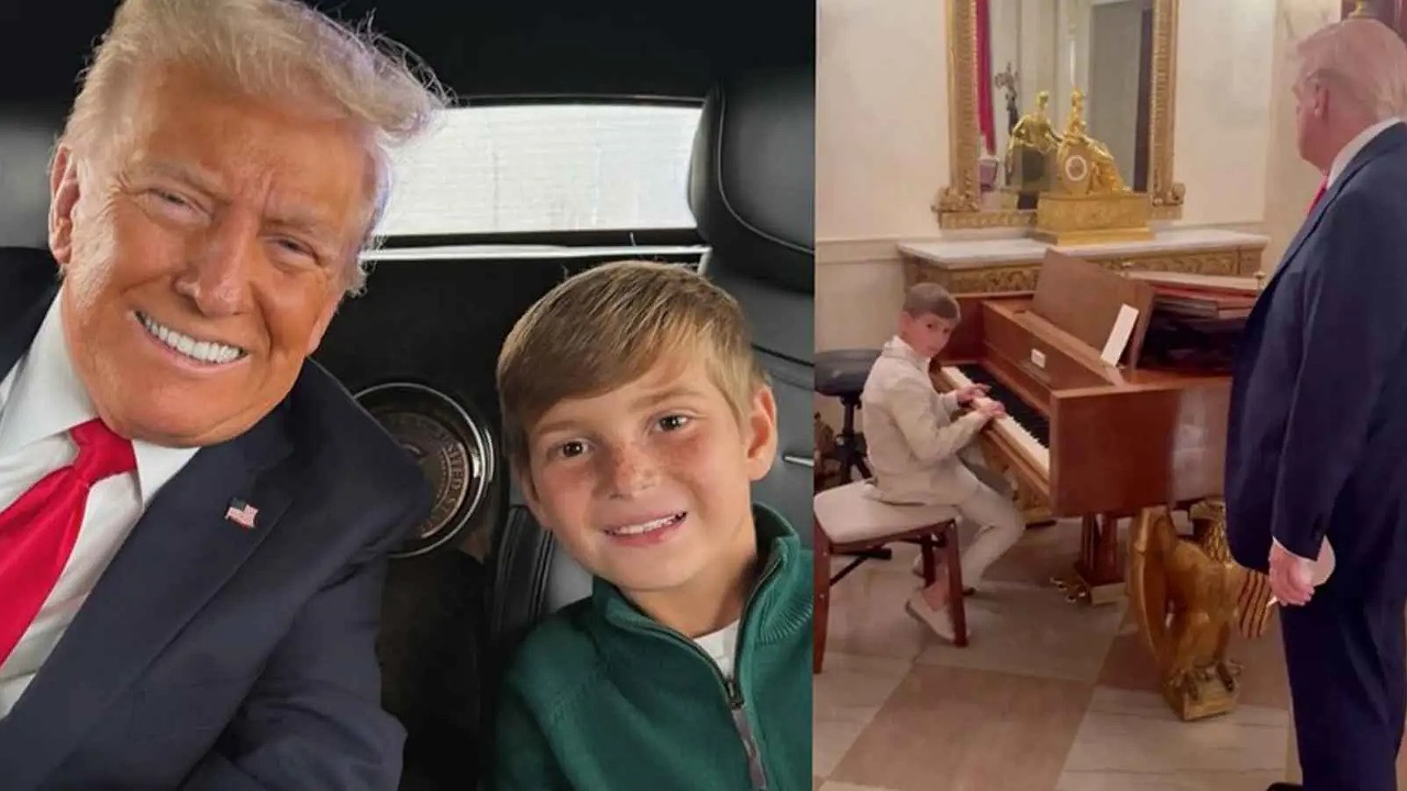 حفيد ترامب يعزف أمام جده على بيانو مزين بالذهب.. فيديو