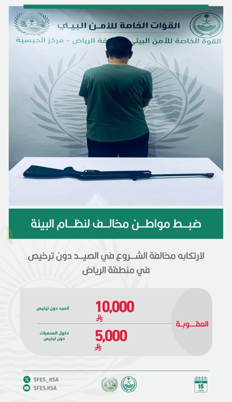 ضبط مخالف لارتكابه مخالفة الشروع في الصيد دون ترخيص في الرياض