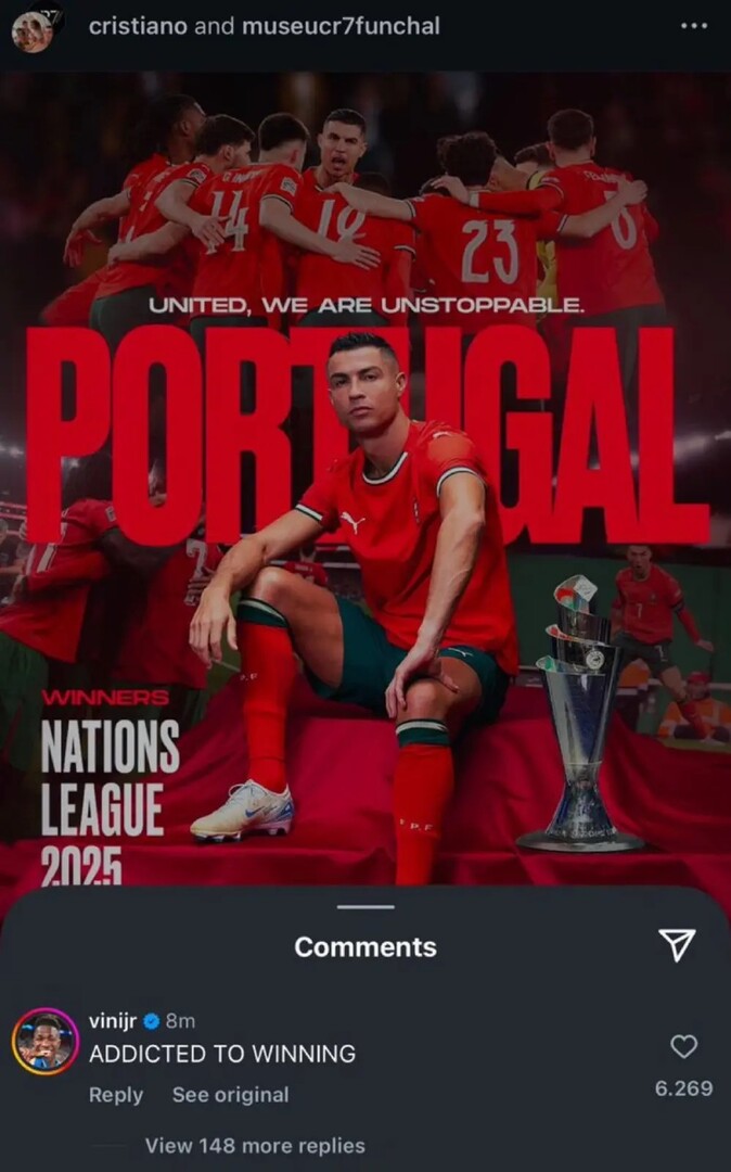 فينيسيوس جونيور يشيد بعقلية رونالدو بعد تتويجه بدوري الأمم الأوروبية