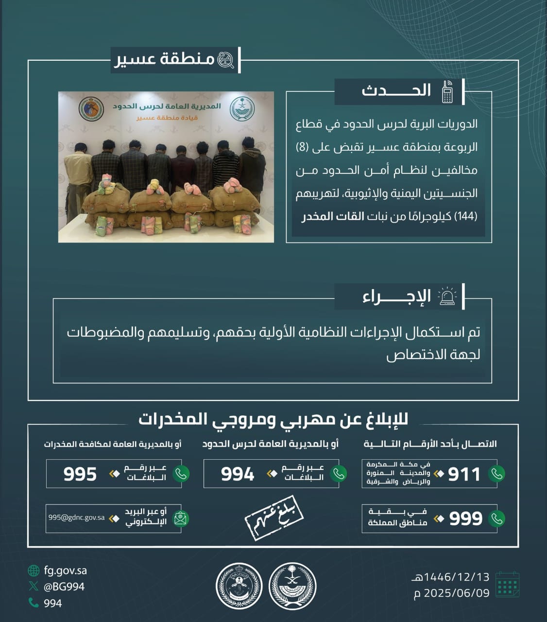 القبض على 8 مخالفين لتهريبهم 144 كيلوجراما من نبات القات