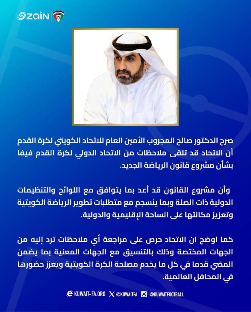 فيفا يوجه ملاحظات على قانون الرياضة الجديد بالكويت