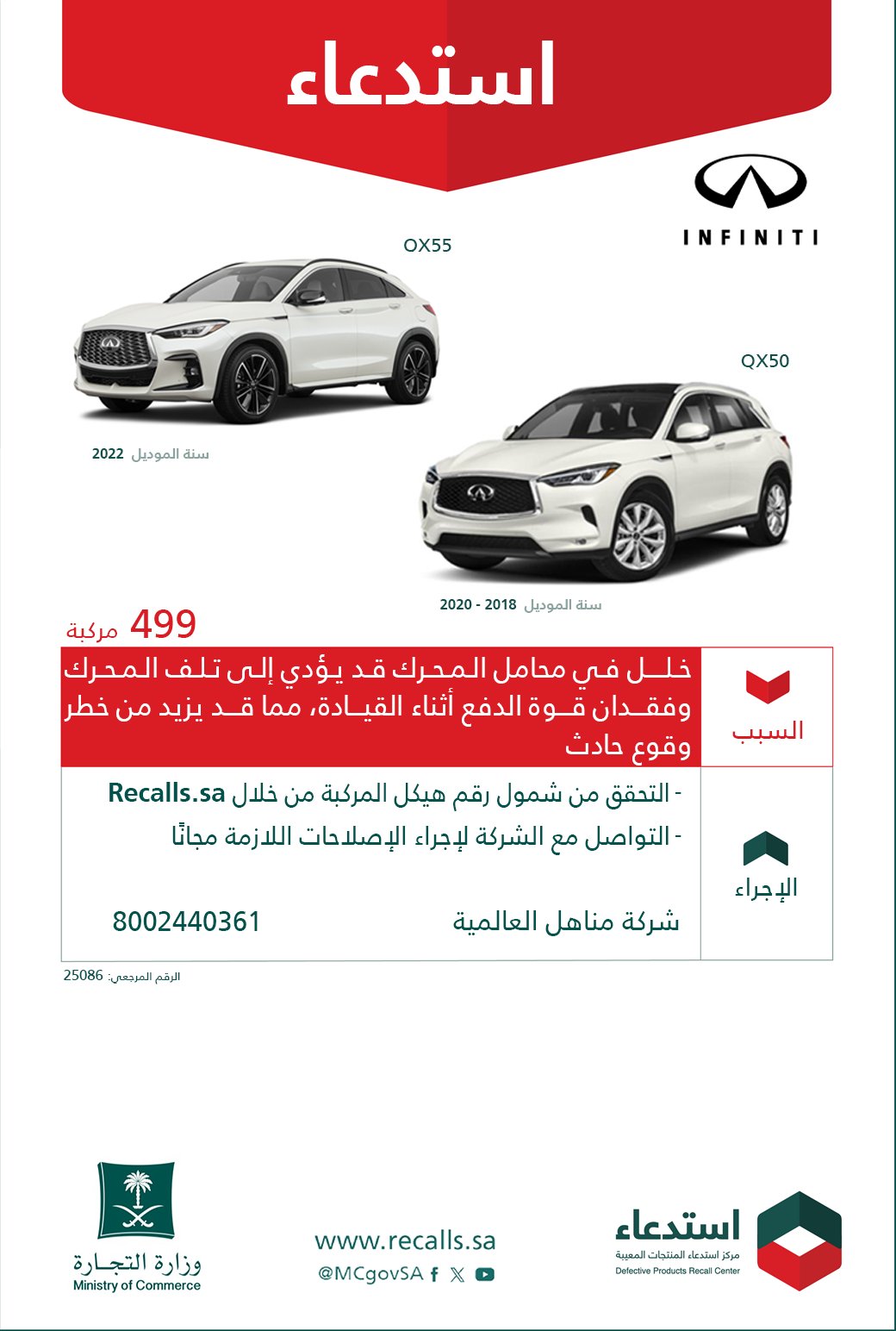 التجارة تستدعي 611 مركبة إنفينيتي QX55 QX50 ونيسان Altima