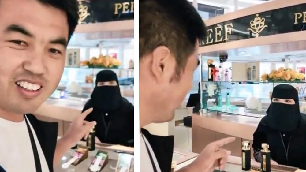 شابة سعودية تتقن اللغة الصينية وتفاجئ سائحًا في أحد المولات .. فيديو