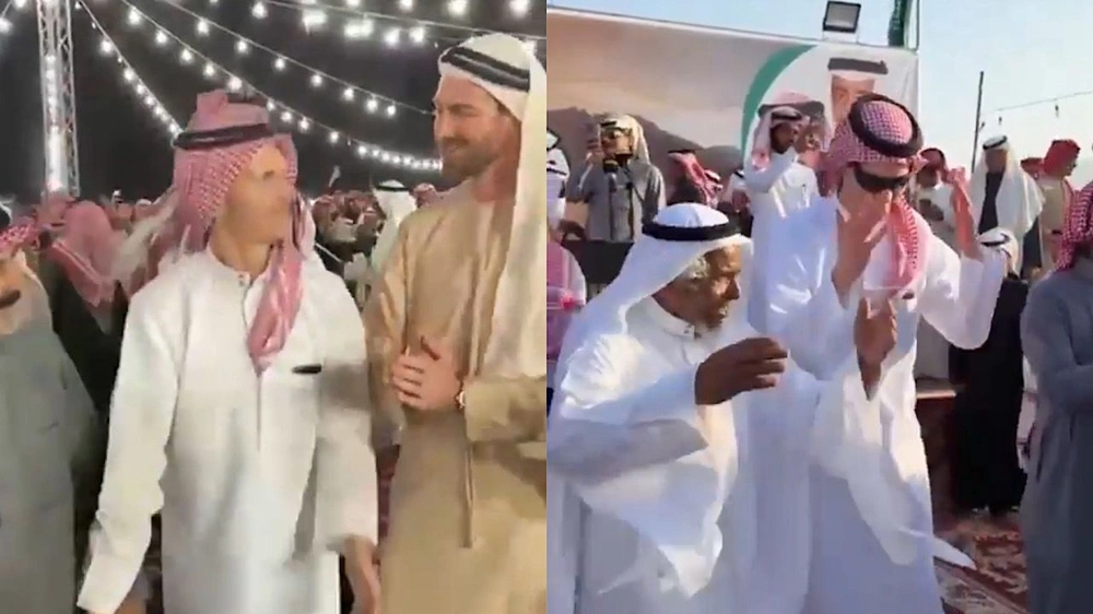 سياح من بريطانيا وأميركا يشاركون أهالي تبوك أفراحهم ويرقصون الرفيحي في أحد الزواجات.. فيديو وصور