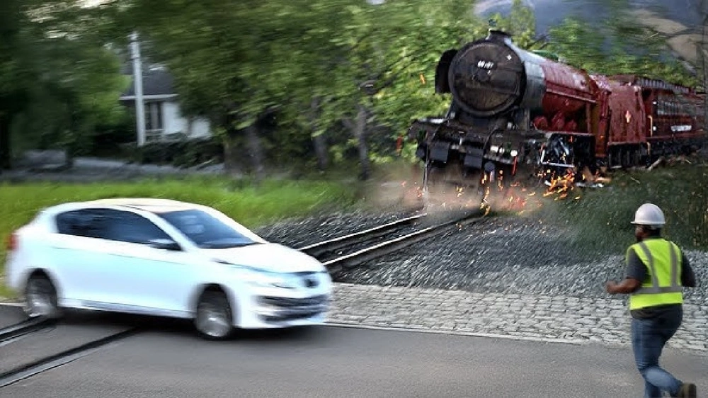 سيارة ذاتية القيادة تتوقف أمام القطار وصاحبها ينجو بالقفز