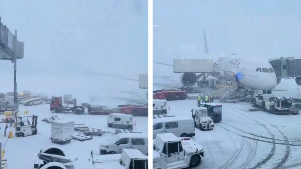 عاصفة ثلجية تضرب مطار باريس وتلغي 40% من الرحلات .. فيديو