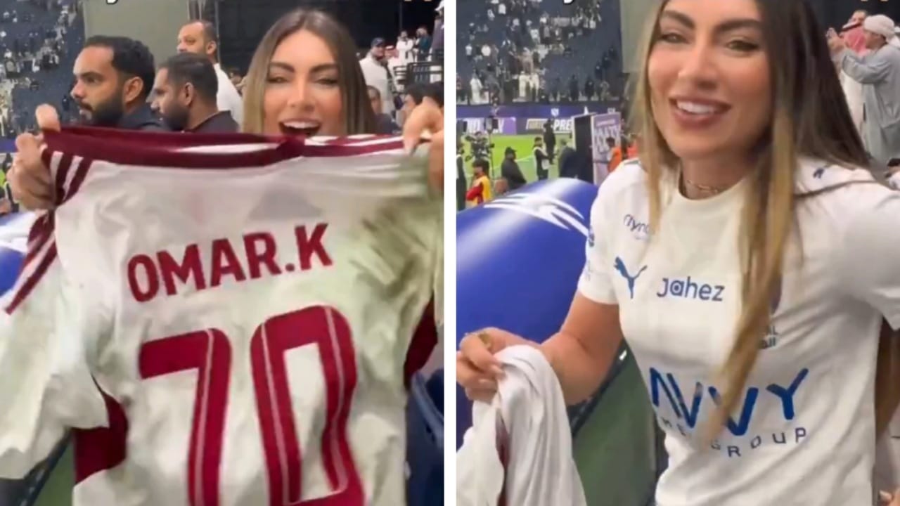 لاعب الوحدة عمر خريبين يهدي قميصه لمشجعة هلالية .. فيديو