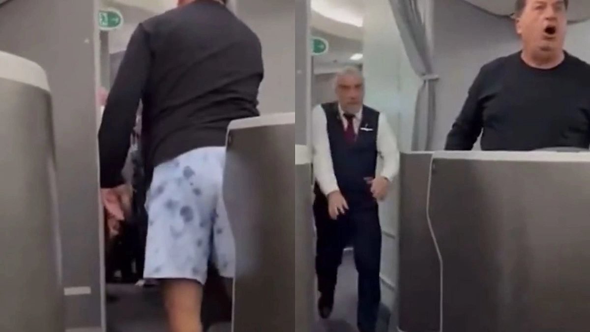 لحظة سيطرة قائد طائرة على سيدة حاولت الوصول إلى قمرة القيادة  .. فيديو