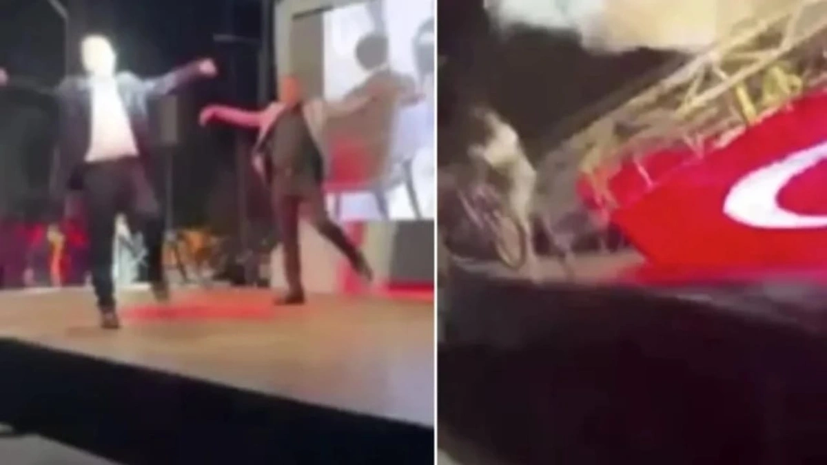 سقوط شاشة ضخمة يكاد يودي بحياة مسؤول تركي خلال فعالية جماهيرية .. فيديو