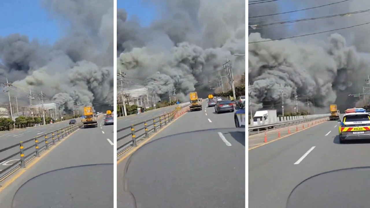 حريق ضخم في مصنع لقطع غيار السيارات بكوريا.. فيديو