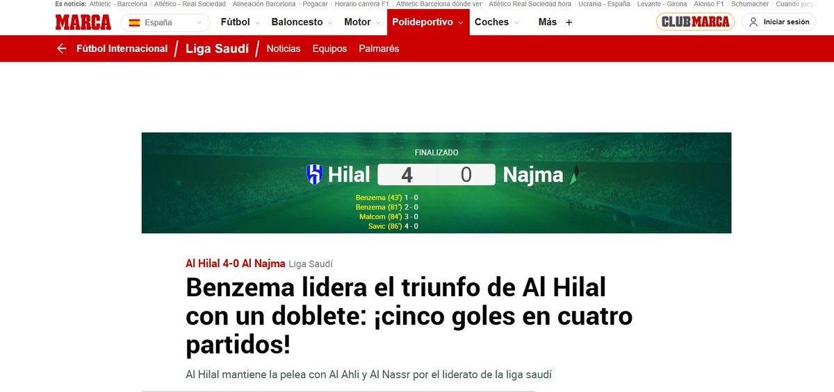 صحيفة إسبانية تتغنى بكريم بنزيما بعد رباعية الهلال