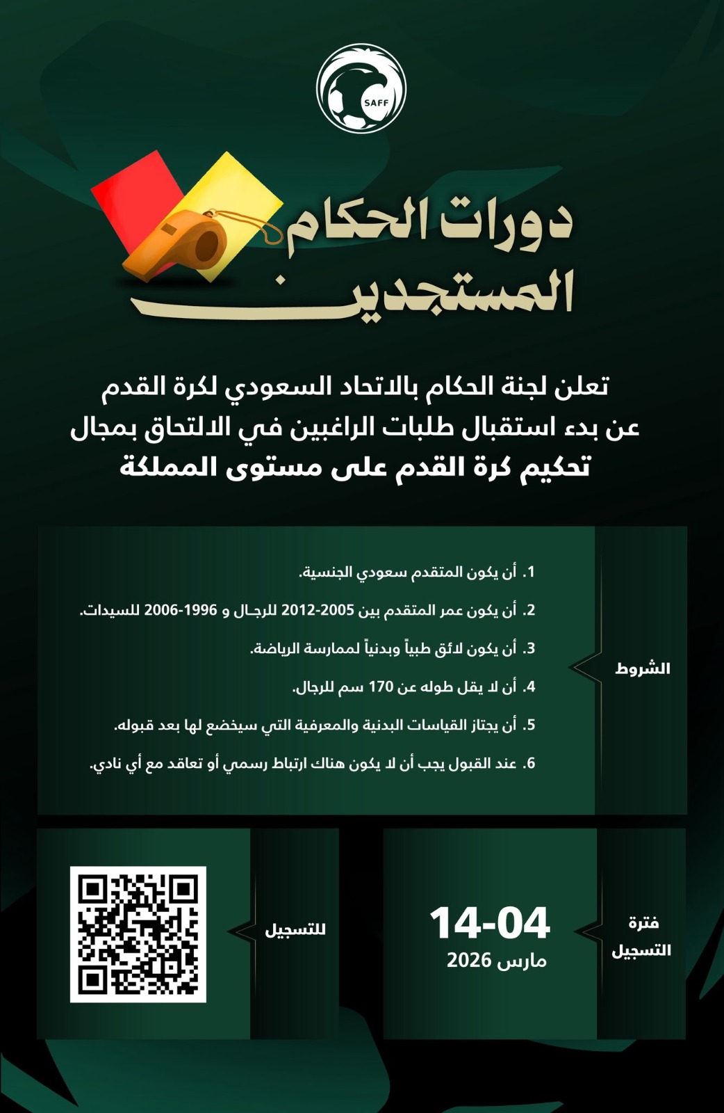 الاتحاد السعودي يفتح التسجيل لدورة الحكام المستجدين