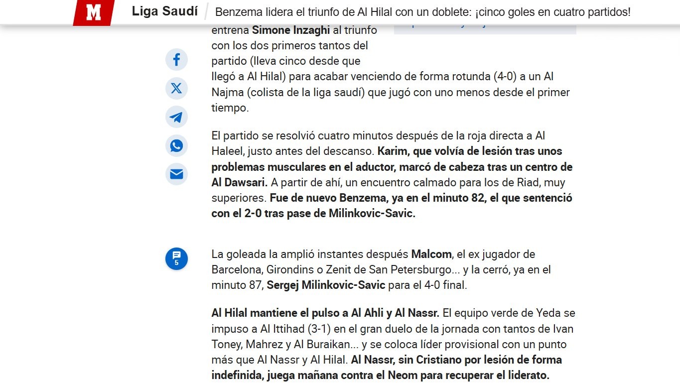 صحيفة إسبانية تتغنى بكريم بنزيما بعد رباعية الهلال