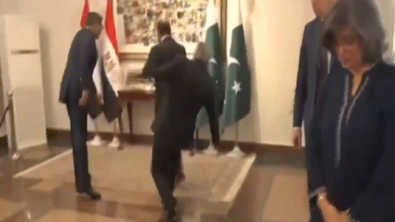 وزير خارجية باكستان يتعثر ويسقط على الأرض أثناء استقباله نظيره المصري.. فيديو