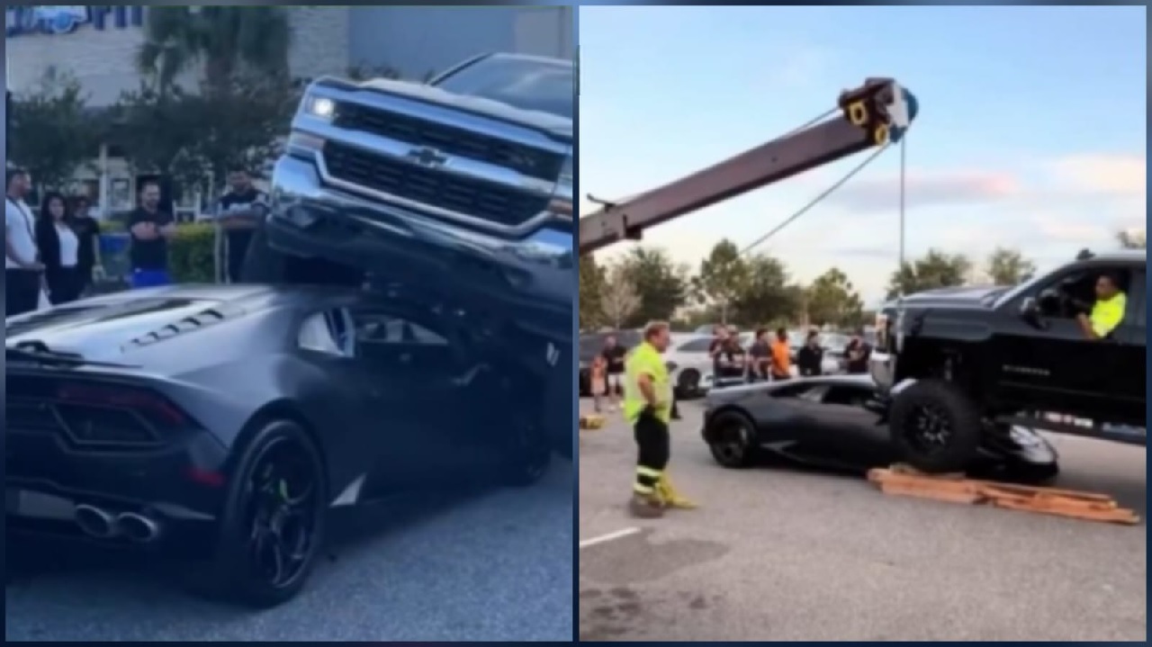 سائقة تسحق لامبورغيني بشاحنتها دون أن تلاحظها.. فيديو