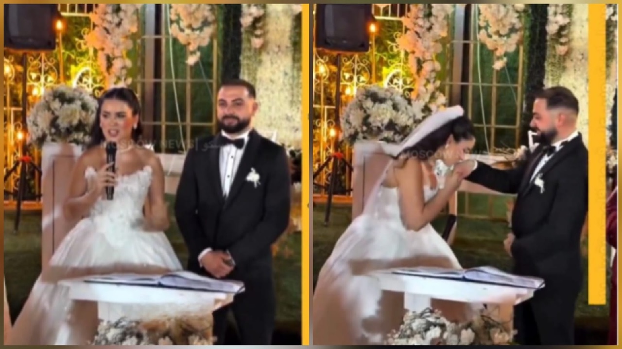 عروس تركية تكسر التقاليد في حفل زفافها وتختار تقبيل يد زوجها.. فيديو