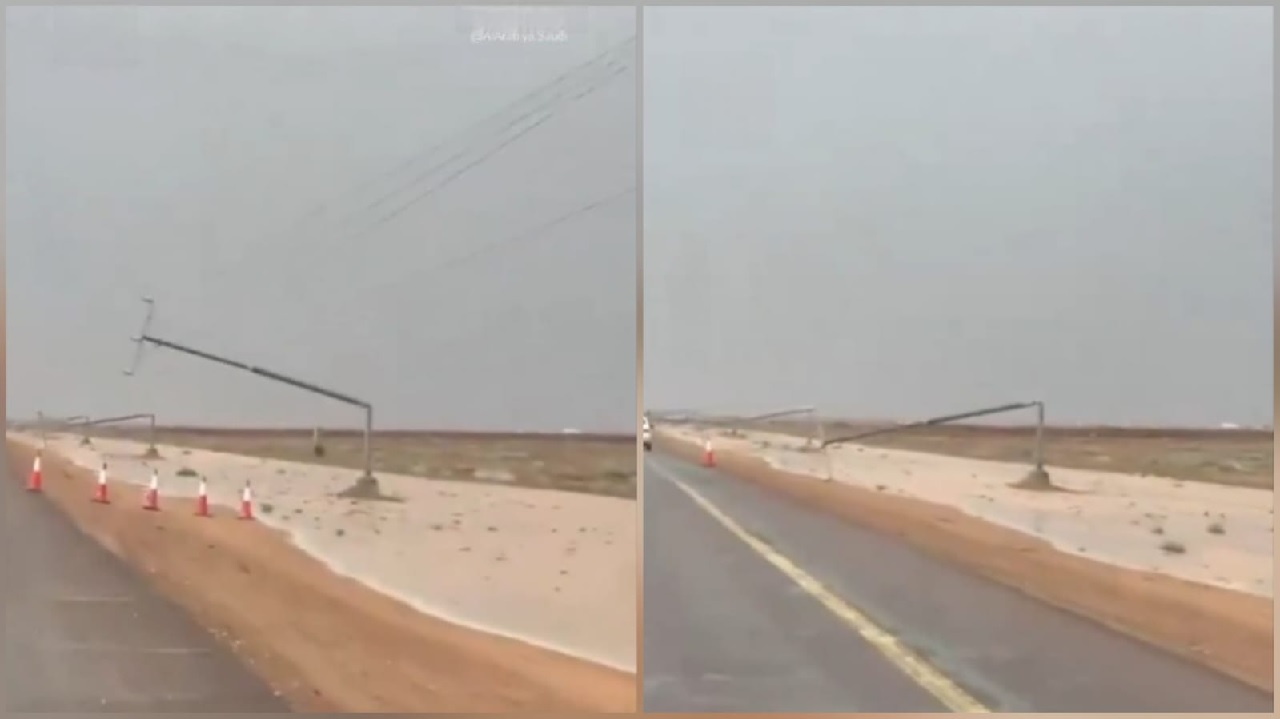 الرياح تسقط أكثر من 12 عمود كهرباء على طريق رياض الخبراء – القرين.. فيديو