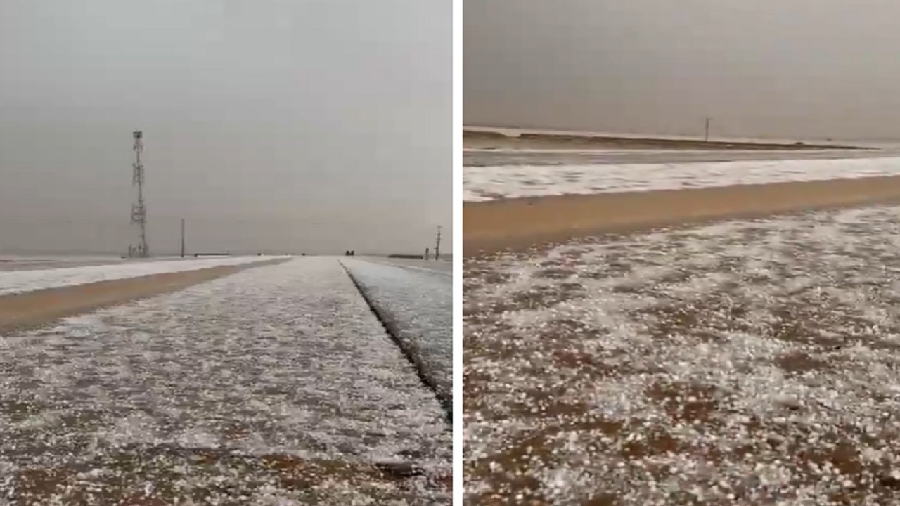 أمطار غزيرة مصحوبة بالبرد كبير الحجم غرب الداهنة .. فيديو