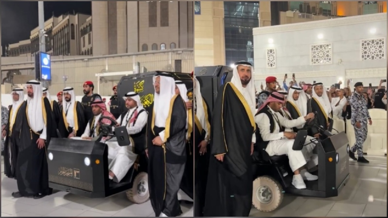 وزير الحج يرافق موكب نقل كسوة الكعبة إلى صحن المطاف.. فيديو