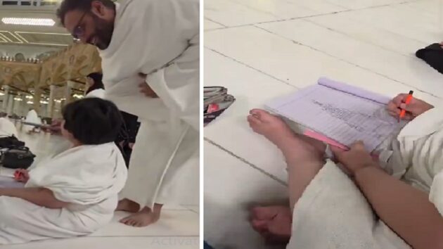 طفل يرسم الكعبة وبرج الساعة بعد أداء العمرة.. فيديو