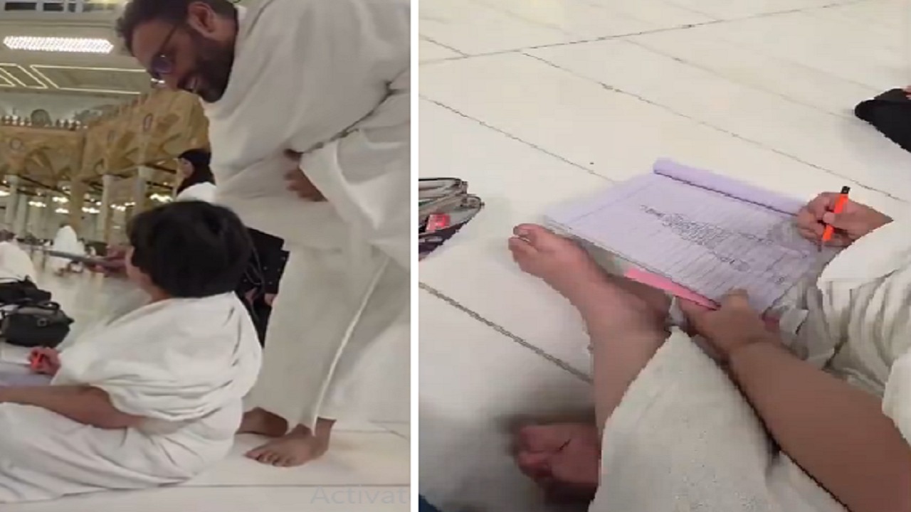 طفل يرسم الكعبة وبرج الساعة بعد أداء العمرة.. فيديو