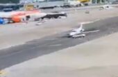 مركبة أرضية تصطدم بطائرة في مطار ميلانو ليناتي.. فيديو