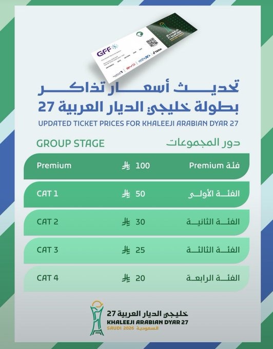 تحديث أسعار تذاكر مباريات بطولة كأس الخليج