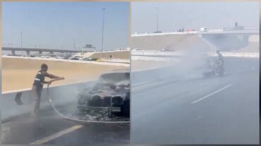 موقف بطولي لرجل مرور يخمد حريق مركبة بجدة..فيديو