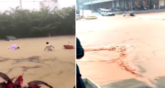بالفيديو.. لحظة إنقاذ امرأة من الغرق بسبب فيضان