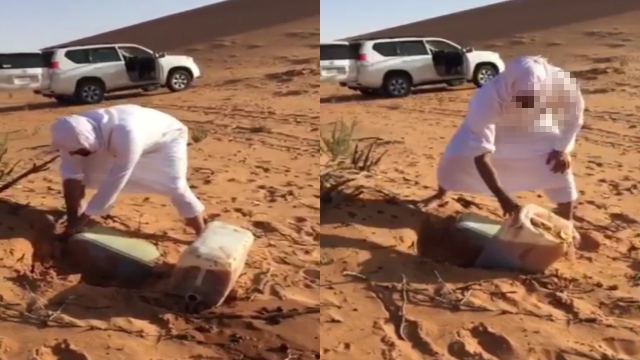 بالفيديو.. لحظة استخراج مواطن لجالونين خمر مدفونة في البر