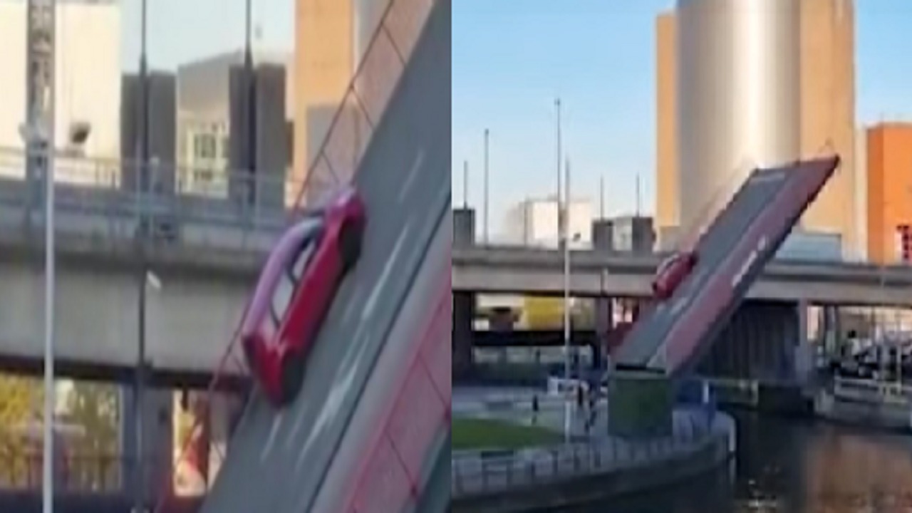بالفيديو.. سقوط سيارة من أعلى جسر أثناء انفتاحه للسماح بعبور سفينة