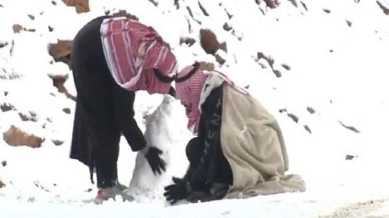 بالفيديو.. زوار جبل اللوز يصنعون رجلا ثلجيا تعبيرا عن استمتاعهم بالثلوج