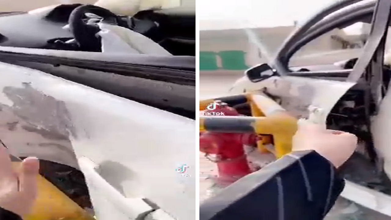 بالفيديو.. اصطدام سيارة مواطنة بحاجز حديدي بسبب سرعتها العالية