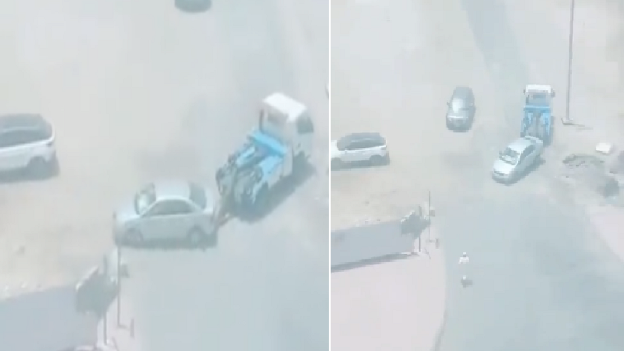 بالفيديو.. مسن يلحق شاحنة سحبت سيارته بسبب وقفها بمكان مخالف