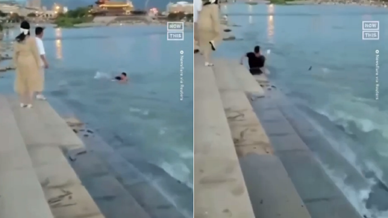 مقطع فيديو بطولي لشاب ينقذ فتاه من الغرق