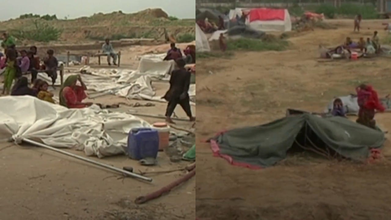 بالفيديو.. عاصفة ترابية تقتلع خيام لاجئي الفيضانات في باكستان