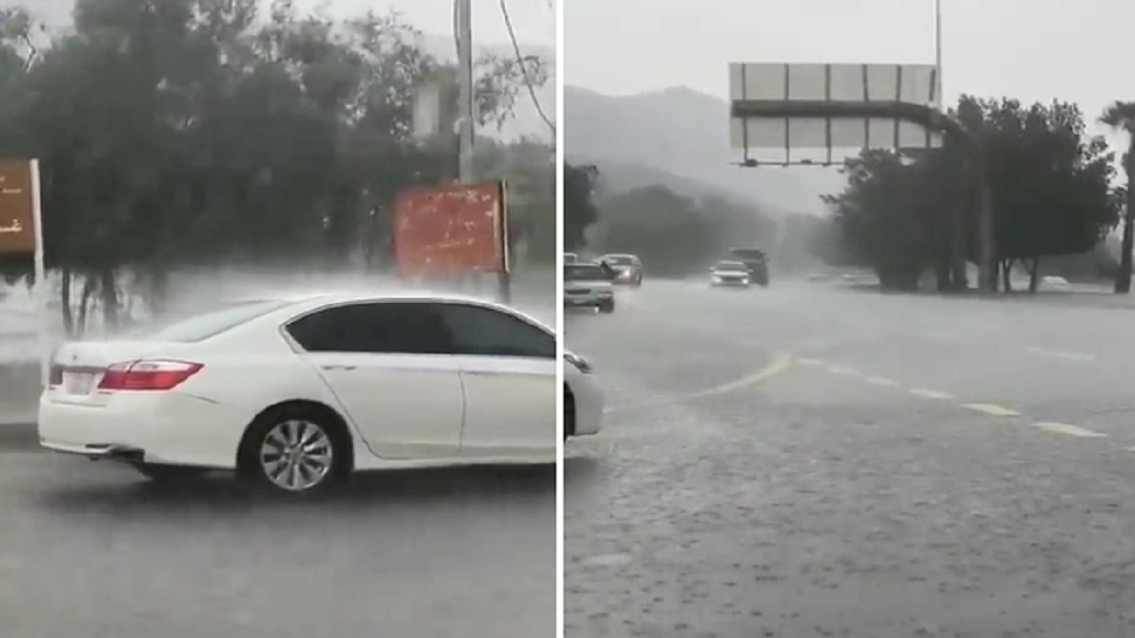 بالفيديو.. أمطار غزيرة على طريق الشفا &#8211; الطائف