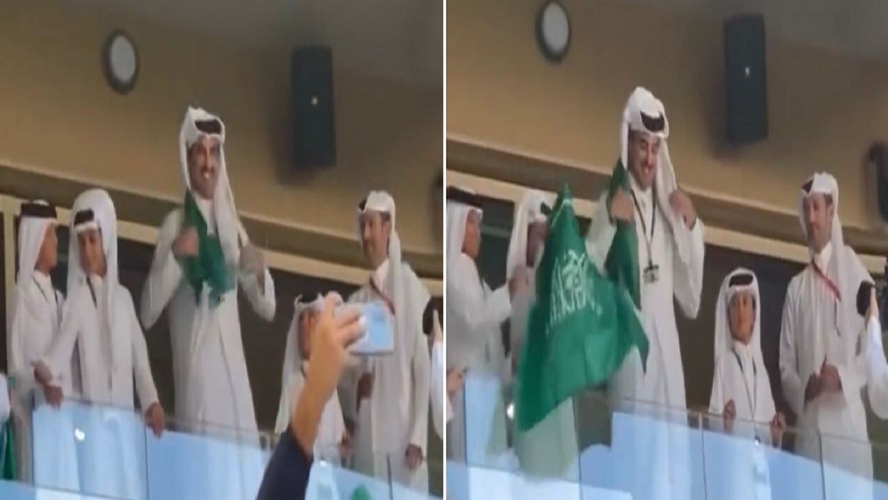 بالفيديو.. أمير قطر يرفع علم المملكة وسط هتافات مشجعي الأخضر داخل استاد لويس