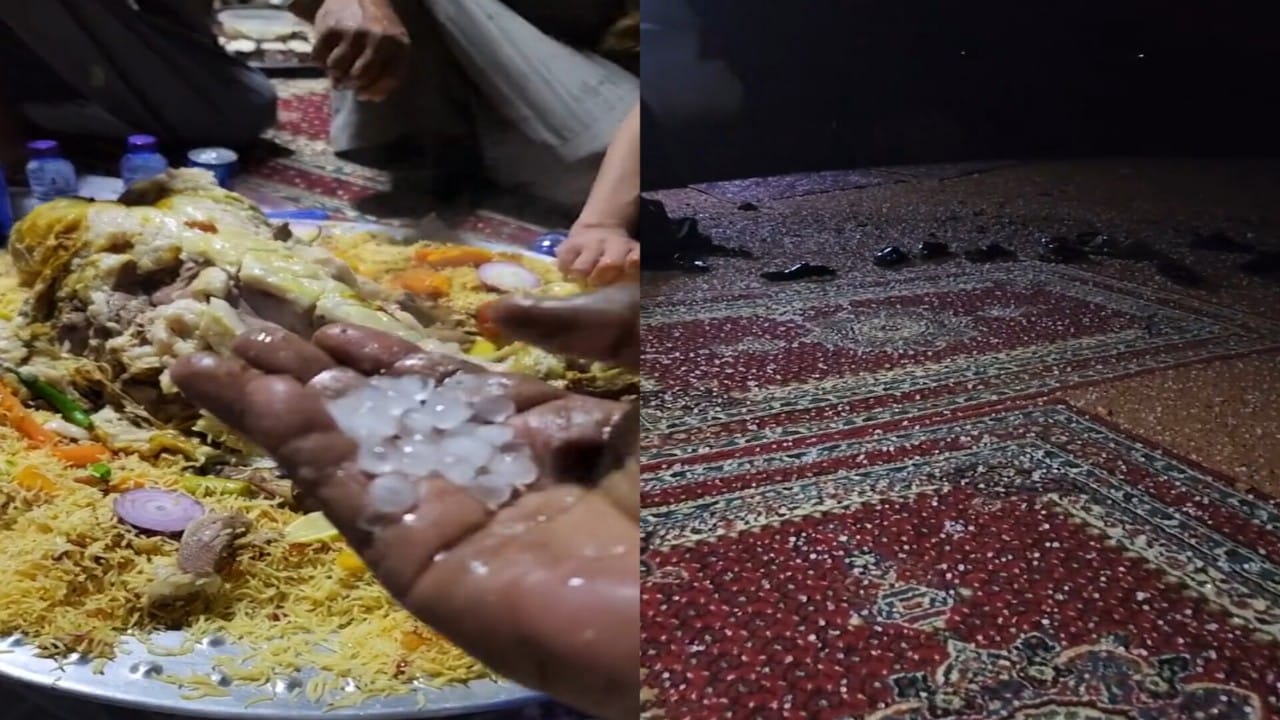 بالفيديو.. سقوط البرد على مجموعة مواطنين أثناء تناولهم العشاء في حائل